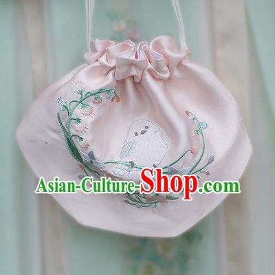 Traditional Ancient Chinese Embroidered Hanfu Handbags Embroidered Bird Pink Bag for Women