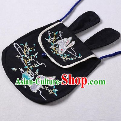 Traditional Ancient Chinese Embroidered Hanfu Handbags Embroidered Rabbit Black Bag for Women