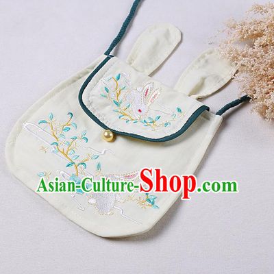 Traditional Ancient Chinese Embroidered Hanfu Handbags Embroidered Rabbit Beige Bag for Women