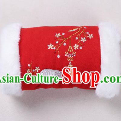 Traditional Ancient Chinese Embroidered Hanfu Muff Embroidered Fox Red Handwarmers for Women