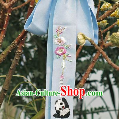 Traditional Ancient Chinese Embroidered Hanfu Hair Snood Embroidered Panda Blue Silk Bandeau for Women