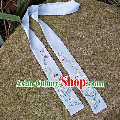 Traditional Ancient Chinese Embroidered Hanfu Hair Snood Embroidered Bird Blue Silk Bandeau for Women