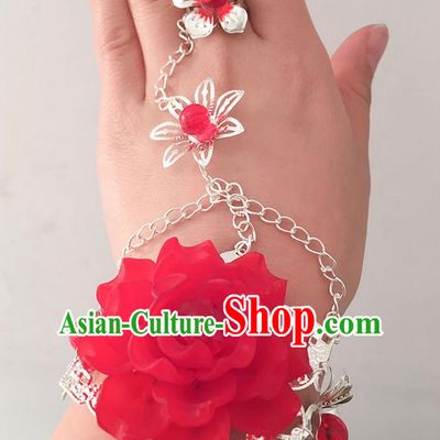 Traditional Handmade Chinese Ancient Princess Classical Accessories Jewellery Red Flowers Bracelets Chain Bracelet with Ring for Women
