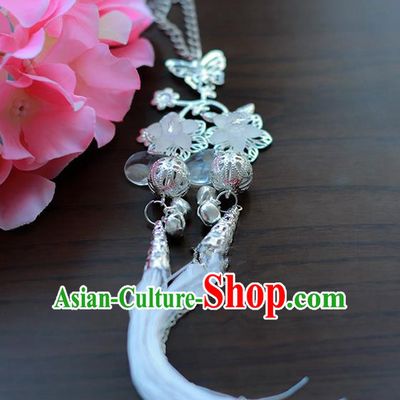 Traditional Chinese Handmade Ancient Hanfu Waist Jewelry Jade Wearing Palace Feather Bells Pendant Sword Tassel for Women