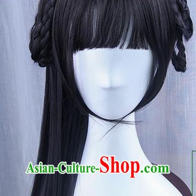 Traditional Handmade Ancient Chinese Tang Dynasty Princess Wig, Ancient Chinese Palace Young Lady Long Wig for Women