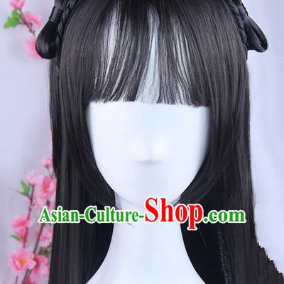Traditional Handmade Ancient Chinese Tang Dynasty Princess Wig, Ancient Chinese Palace Young Lady Long Wig for Women