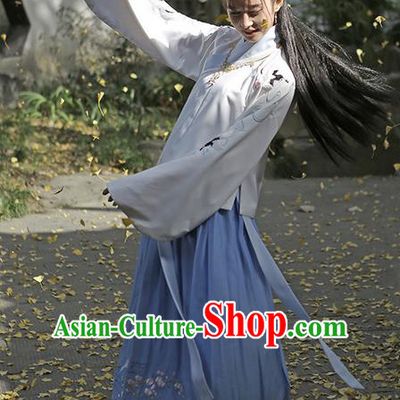 Traditional Ancient Chinese Female Costume Embroidered Crane Blouse and Dress Complete Set, Elegant Hanfu Clothing Chinese Ming Dynasty Embroidered Palace Princess Clothing for Women