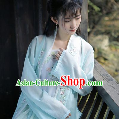 Traditional Ancient Chinese Female Costume Embroidered Flowers Blue Cardigan, Elegant Hanfu Clothing Chinese Ming Dynasty Embroidered Palace Princess Dress for Women