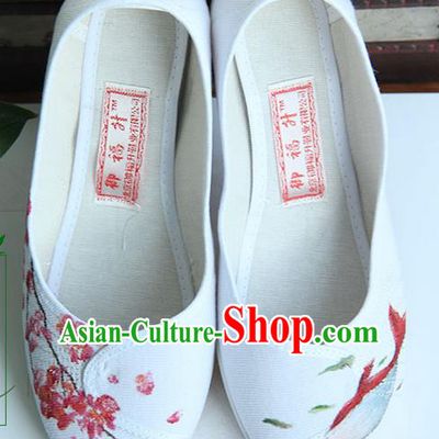 Traditional Handmade Ancient Chinese Han Dynasty Imperial Princess Freehand Sketching Chaenomeles Speciosa Shoes for Women