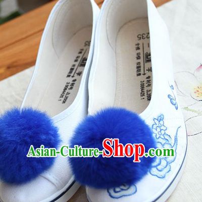 Traditional Handmade Ancient Chinese Han Dynasty Imperial Princess Freehand Sketching Blue Hair Bulb Shoes for Women