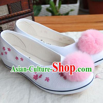 Traditional Handmade Ancient Chinese Han Dynasty Imperial Princess Freehand Sketching Pink Hair Bulb Hanfu Shoes for Women