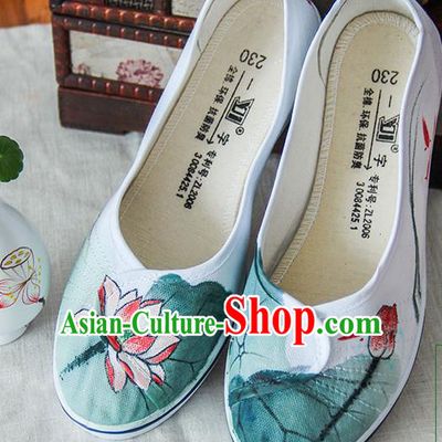 Traditional Handmade Ancient Chinese Han Dynasty Imperial Princess Freehand Sketching Lotus Hanfu Shoes for Women