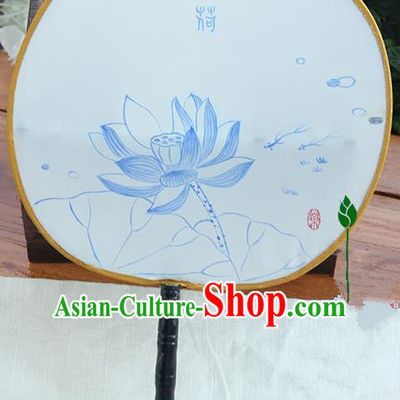 Traditional Handmade Ancient Chinese Tang Dynasty Imperial Princess Painting Lotus Palace Lady Round Hanfu Silk Fan for Women
