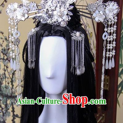 Traditional Handmade Ancient Chinese Tang Dynasty Imperial Princess Hair Decoration and Hair Wig Complete Set, Ancient Cosplay Fairy Chinese Young Lady Headwear and Wig for Women