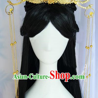 Traditional Handmade Ancient Chinese Tang Dynasty Imperial Empress Wedding Hair Decoration and Wig Complete Set, Ancient Chinese Queen Headwear and Wig for Women