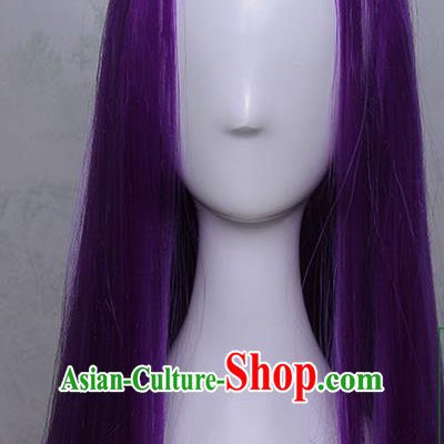 Traditional Handmade Ancient Chinese Tang Dynasty Imperial Princess Wig, Ancient Chinese Cosplay Fairy Palace Young Lady Straight Purple Hair Wig for Women