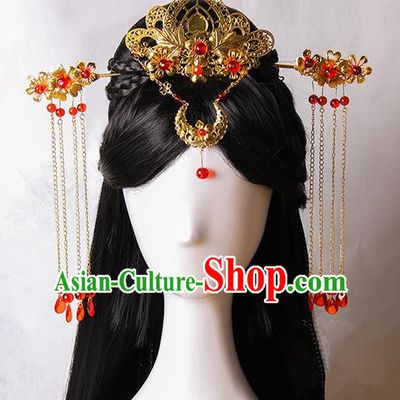 Traditional Handmade Ancient Chinese Tang Dynasty Imperial Empress Wedding Hair Decoration and Wig Complete Set, Ancient Chinese Cosplay Fairy Queen Bride Headwear and Wig for Women