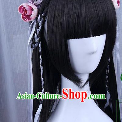 Traditional Handmade Ancient Chinese Han Dynasty Imperial Princess Hair Decoration and Wig Complete Set, Ancient Chinese Hanfu Cosplay Fairy Young Lady Headwear and Wig for Women