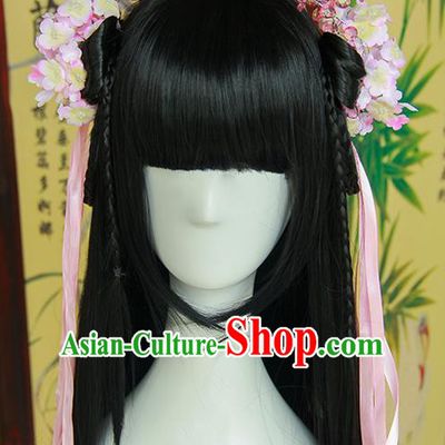 Traditional Handmade Ancient Chinese Tang Dynasty Imperial Empress Hair Decoration and Wig Complete Set, Ancient Chinese Cosplay Fairy Queen Hanfu Headwear and Wig for Women