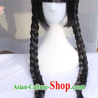 Traditional Handmade Ancient Chinese Qing Dynasty Wig, Ancient Chinese Hanfu Cosplay Republic of China Student Wig for Women