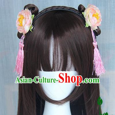 Traditional Handmade Ancient Chinese Han Dynasty Imperial Princess Hair Decoration and Wig Complete Set, Ancient Chinese Cosplay Fairy Palace Lady Hanfu Headwear and Wig for Women
