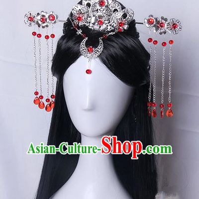 Traditional Handmade Ancient Chinese Tang Dynasty Imperial Princess Wedding Hair Decoration and Wig Complete Set, Ancient Chinese Cosplay Fairy Queen Bride Headwear and Wig for Women