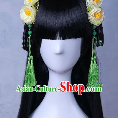 Traditional Handmade Ancient Chinese Han Dynasty Imperial Princess Tassels Hair Decoration and Wig Complete Set, Ancient Chinese Hanfu Cosplay Fairy Young Lady Headwear and Wig for Women