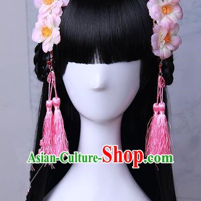 Traditional Handmade Ancient Chinese Han Dynasty Imperial Princess Pink Tassels Hair Decoration and Wig Complete Set, Ancient Chinese Hanfu Cosplay Fairy Young Lady Headwear and Wig for Women