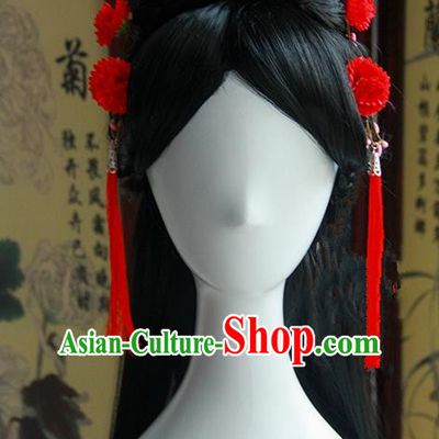 Traditional Handmade Ancient Chinese Han Dynasty Imperial Princess Red Tassels Hair Decoration and Wig Complete Set, Ancient Chinese Hanfu Cosplay Fairy Young Lady Headwear and Wig for Women