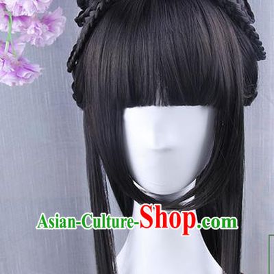 Traditional Handmade Ancient Chinese Han Dynasty Imperial Princess Wig, Ancient Chinese Hanfu Cosplay Fairy Palace Lady Queen Neat Bang Wig for Women