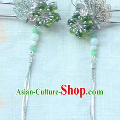 Traditional Handmade Chinese Ancient Princess Classical Hanfu Accessories Jewellery Green Glass Hair Sticks Hair Step Shake, Tassel Hair Fascinators Hairpins for Women