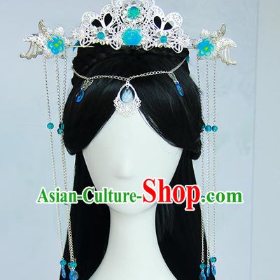 Traditional Handmade Ancient Chinese Han Dynasty Imperial Princess Blue Hair Decoration and Wig Complete Set, Ancient Chinese Hanfu Cosplay Fairy Young Lady Headwear and Wig for Women