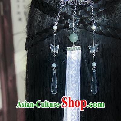 Traditional Handmade Chinese Ancient Princess Classical Hanfu Accessories Jewellery Long White Ribbons Hair Sticks Butterfly Hair Claws, Tassel Hair Fascinators Hairpins for Women