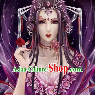 Traditional Handmade Ancient Chinese Han Dynasty Imperial Princess Hair Decoration Ox Hair Clasp and Wig Complete Set, Ancient Chinese Hanfu Cosplay Fairy Young Lady Headwear and Wig for Women