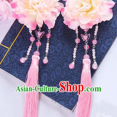 Traditional Handmade Chinese Ancient Princess Classical Hanfu Accessories Jewellery Pink Silk Flowers Hair Sticks Hair Claws, Tassel Hair Fascinators Hairpins for Women