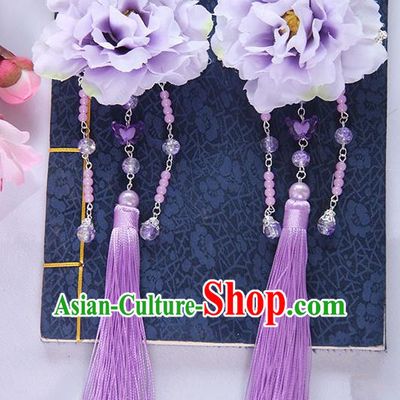 Traditional Handmade Chinese Ancient Princess Classical Hanfu Accessories Jewellery Lavender Silk Flowers Hair Sticks Hair Claws, Tassel Hair Fascinators Hairpins for Women