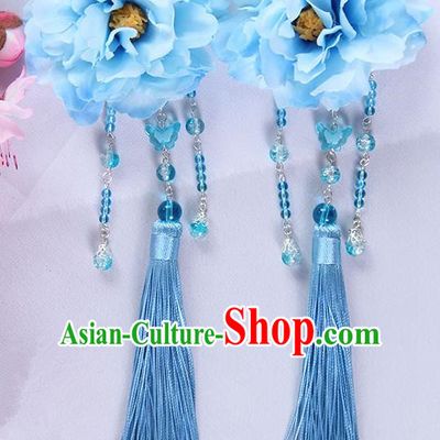 Traditional Handmade Chinese Ancient Princess Classical Hanfu Accessories Jewellery Blue Silk Flowers Hair Sticks Hair Claws, Tassel Hair Fascinators Hairpins for Women