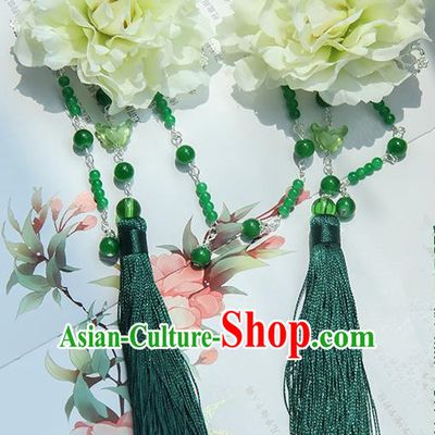 Traditional Handmade Chinese Ancient Princess Classical Hanfu Accessories Jewellery Green Silk Flowers Hair Sticks Hair Claws, Tassel Hair Fascinators Hairpins for Women