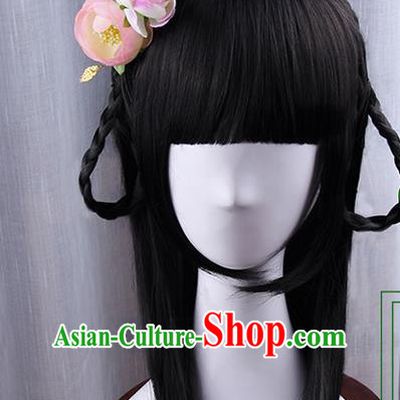 Traditional Handmade Ancient Chinese Han Dynasty Imperial Princess Hair Decoration Pink Hairpin and Wig Complete Set, Ancient Chinese Hanfu Cosplay Fairy Young Lady Headwear and Wig for Women
