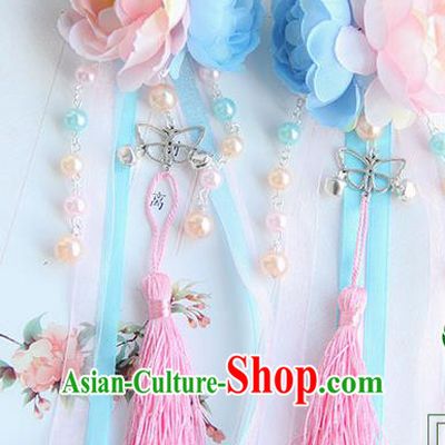 Traditional Handmade Chinese Ancient Princess Classical Hanfu Accessories Jewellery Pearl Bells Silk Flowers Hair Sticks Hair Claws, Tassel Hair Fascinators Hairpins for Women