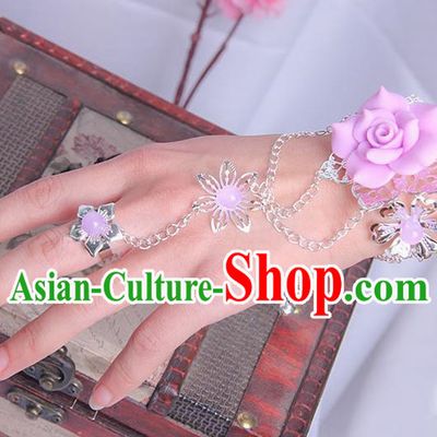 Traditional Handmade Chinese Ancient Princess Classical Hanfu Accessories Jewellery Pink Flower Bracelet and Ring Chain for Women