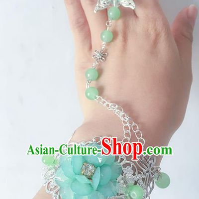 Traditional Handmade Chinese Ancient Princess Classical Hanfu Accessories Jewellery Blue Flower Butterfly Bracelet and Ring Chain for Women