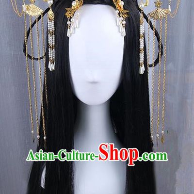 Traditional Handmade Ancient Chinese Han Dynasty Imperial Princess Peony Tassels Hair Decoration Hairpin and Wig Complete Set, Ancient Chinese Hanfu Cosplay Fairy Queen Young Lady Headwear and Wig for Women