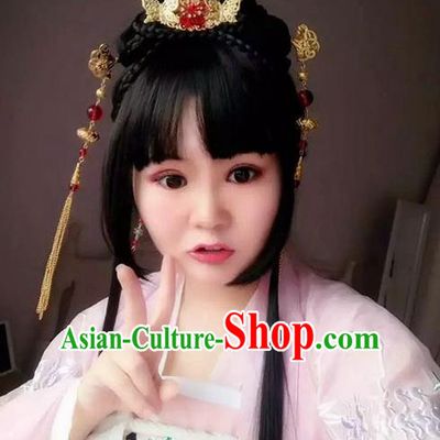 Traditional Handmade Ancient Chinese Han Dynasty Imperial Princess Butterfly Hair Decoration and Wig Complete Set, Ancient Chinese Hanfu Cosplay Fairy Young Lady Headwear and Wig for Women