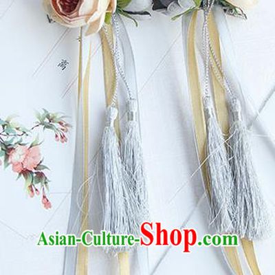 Traditional Handmade Chinese Ancient Princess Classical Hanfu Accessories Jewellery Silk Flowers Long Ribbon Hair Sticks Hair Claws, Tassel Hair Fascinators Hairpins for Women