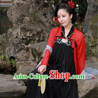 Traditional Ancient Chinese Imperial Consort Costume Embroidered Two Pieces Dress Complete Set, Elegant Hanfu Clothing Chinese Tang Dynasty Embroidered Peony Palace Princess Dress for Women
