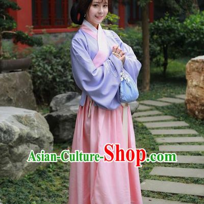Traditional Ancient Chinese Female Costume Embroidered Flowers Lilac Blouse and Dress Complete Set, Elegant Hanfu Clothing Chinese Ming Dynasty Embroidered Palace Princess Clothing for Women