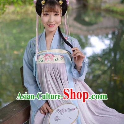 Traditional Ancient Chinese Female Costume Embroidered Flowers Blue Blouse and Dress Complete Set, Elegant Hanfu Clothing Chinese Tang Dynasty Embroidered Palace Princess Clothing for Women