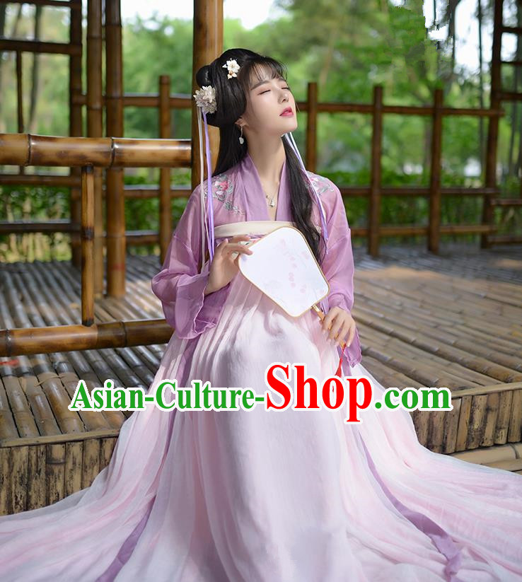 Traditional Ancient Chinese Female Costume Embroidered Flowers Lilac Blouse and Dress Complete Set, Elegant Hanfu Clothing Chinese Tang Dynasty Embroidered Palace Princess Clothing for Women