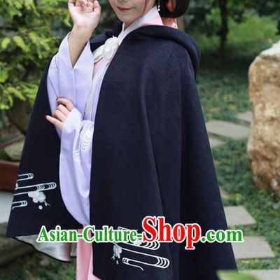 Traditional Ancient Chinese Female Costume Embroidered Flowers Short Cloak, Elegant Hanfu Mantle Clothing Chinese Ming Dynasty Embroidered Palace Princess Navy Hooded Cape Clothing for Women